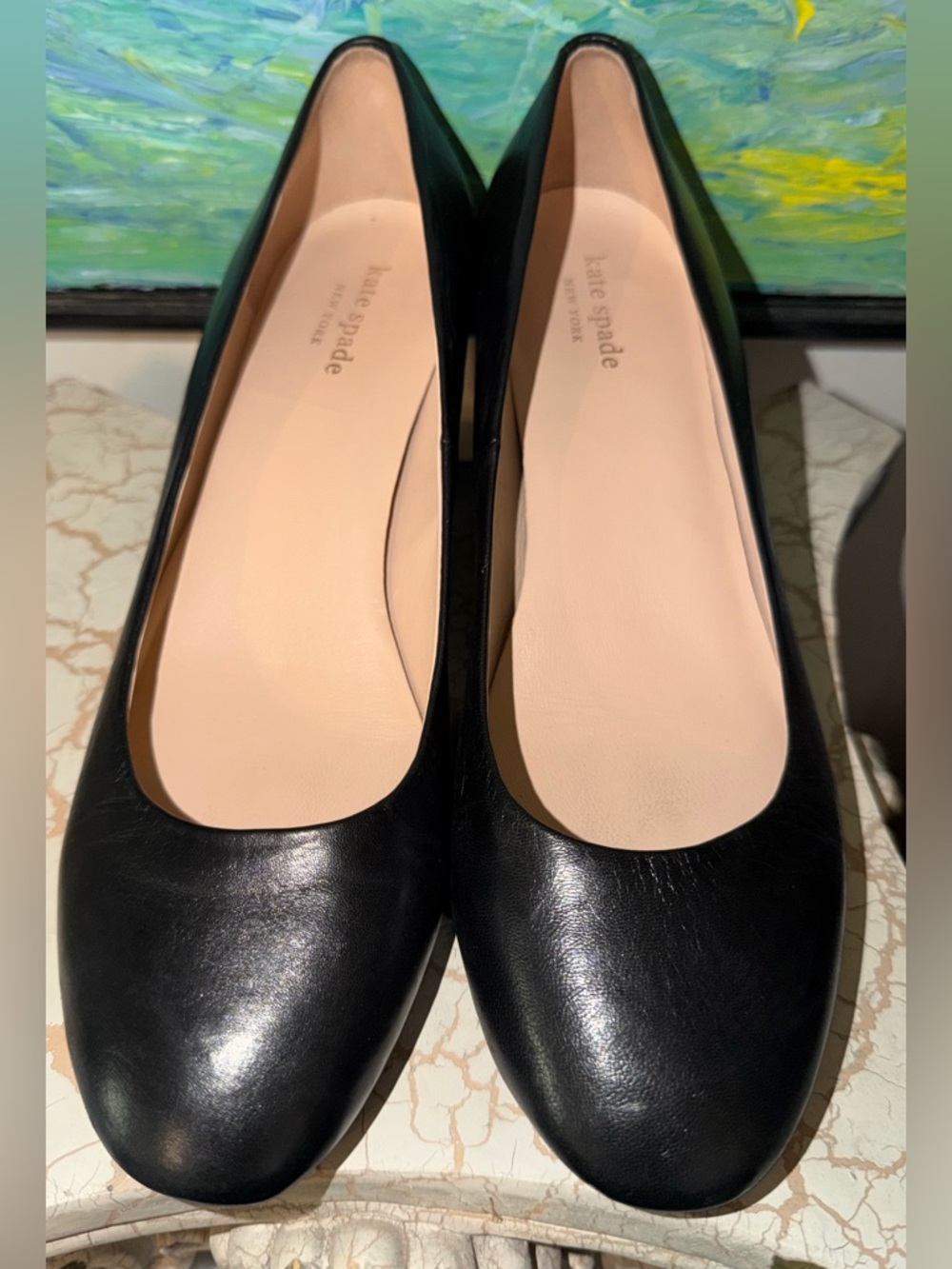 kate spade Black Leather Rounded-Toe with Block Heels